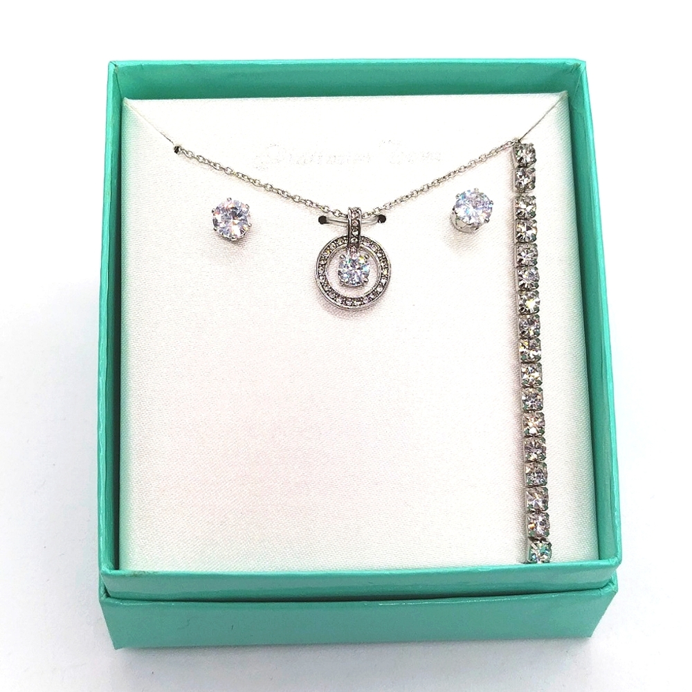 Platinum Plated Cubic Zirconia Tennis Bracelet, Earrings, Necklace Set in box